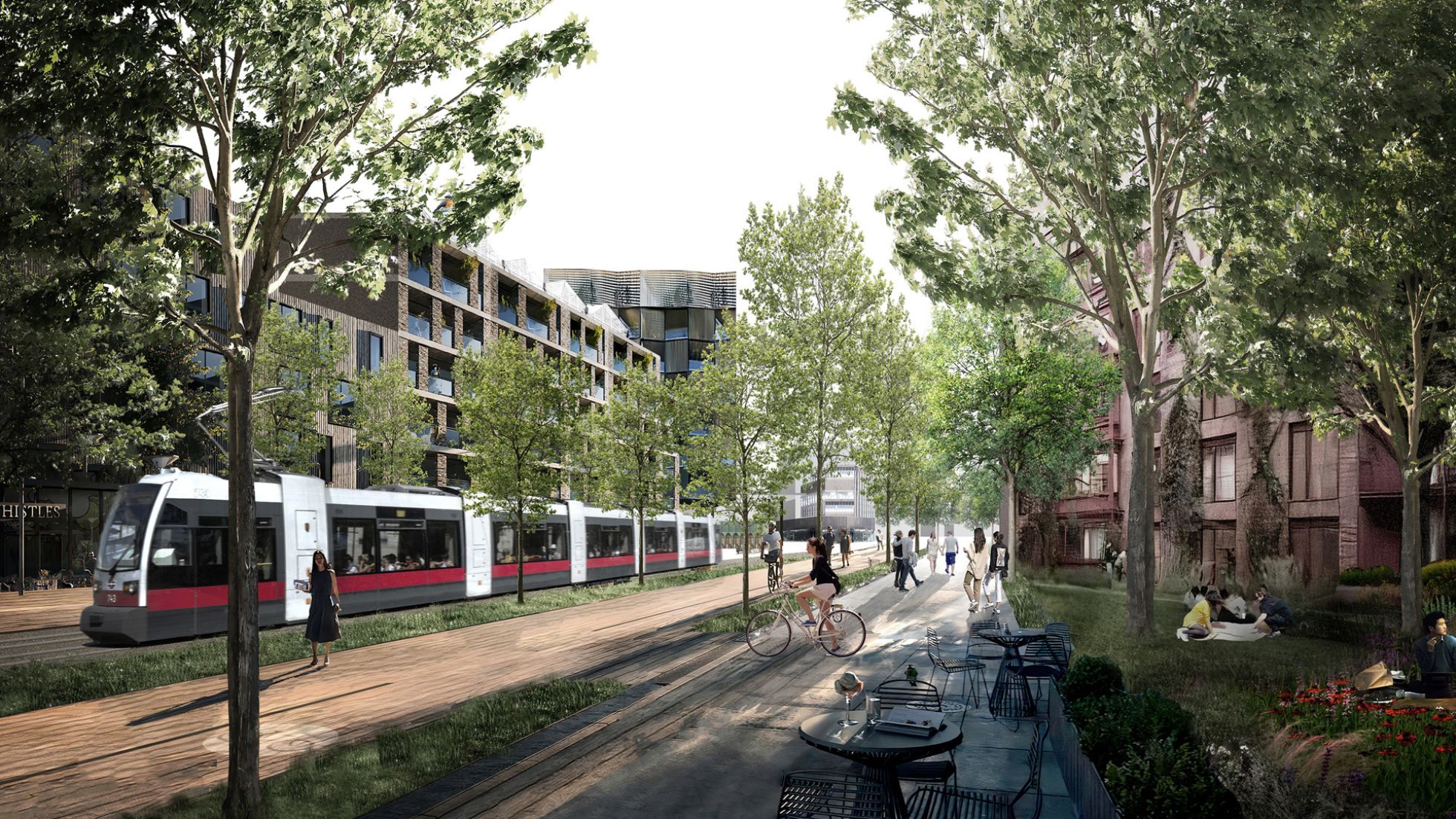 Breite Wege, Straße mit Straßenbahn, moderne Häuser, viele Bäume