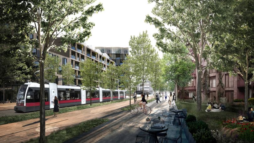 Breite Wege, Straße mit Straßenbahn, moderne Häuser, viele Bäume