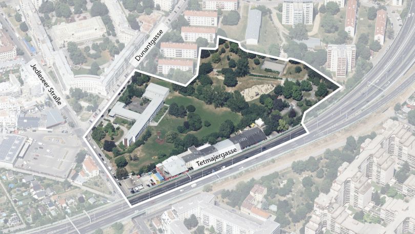 Schrägluftbild mit Gebietsabgrenzung