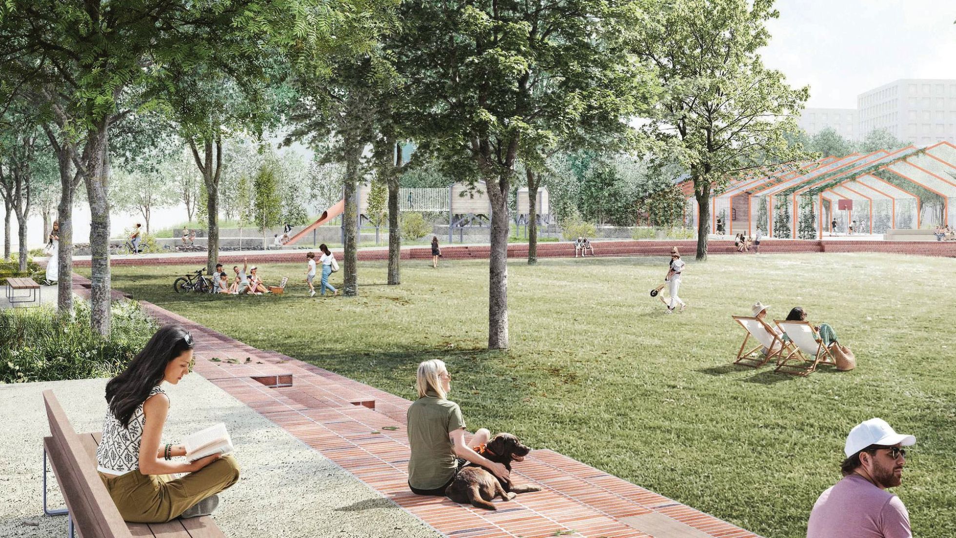 Illustration, große Grünflache, Menschen auf der Wiese und Bänken