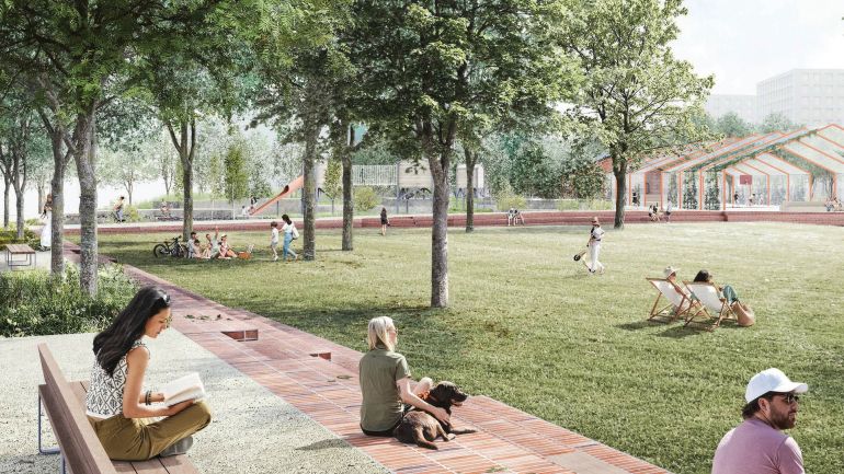 Illustration, große Grünflache, Menschen auf der Wiese und Bänken