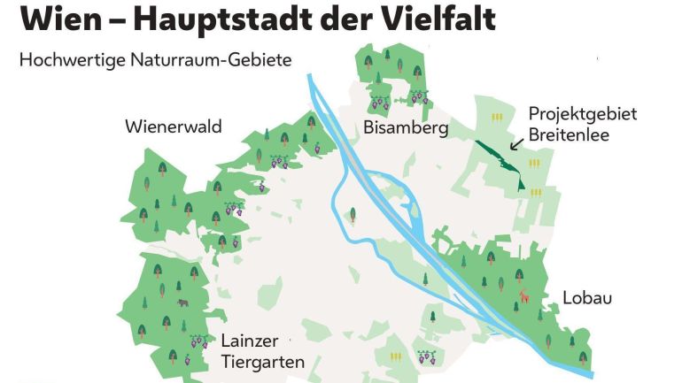 copyright: Stadt Wien Visualisierung des Gebiets Breitenlee im Wiener Stadtgebiet mit Text "Hauptstadt der Vielfalt"