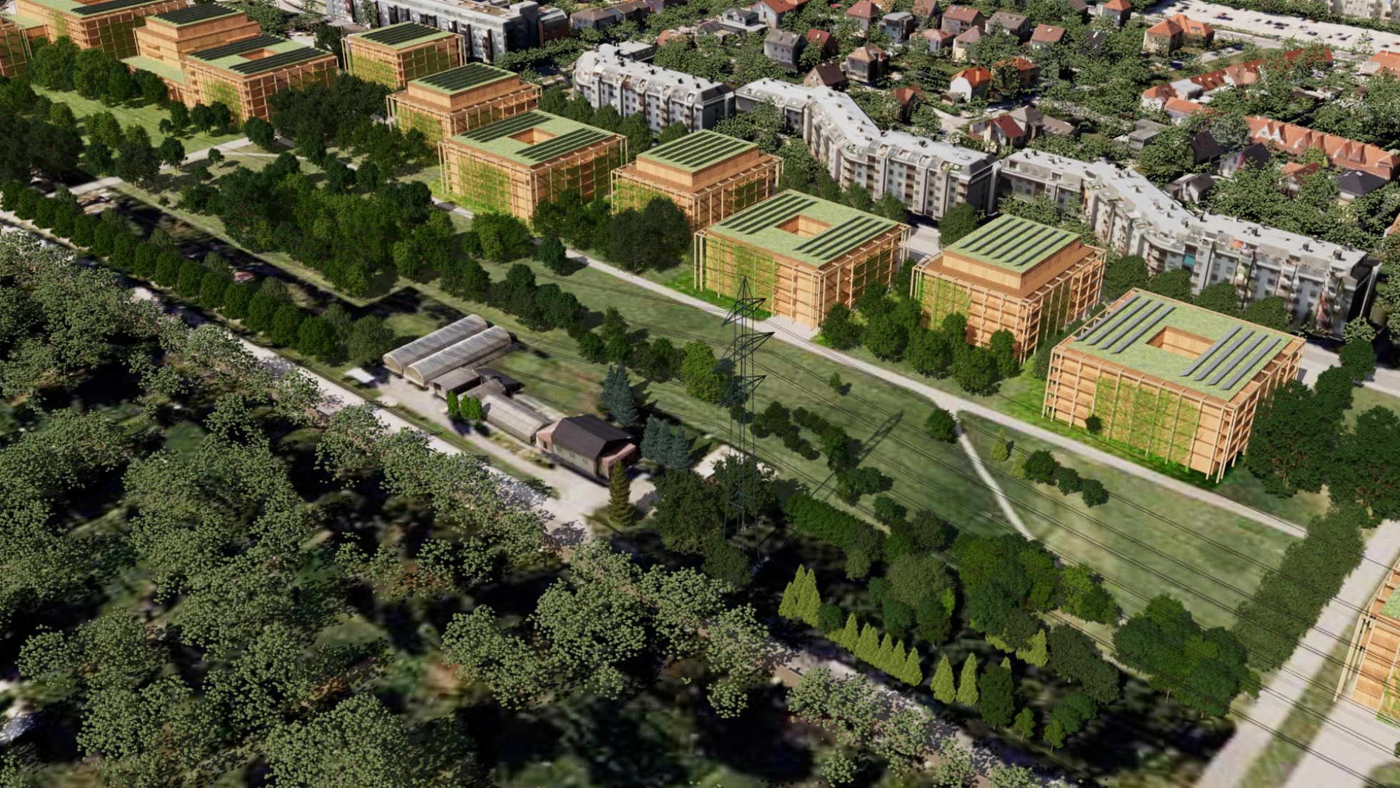Visualisierung eines großflächigen Grünraums, daneben Wohnbauten
