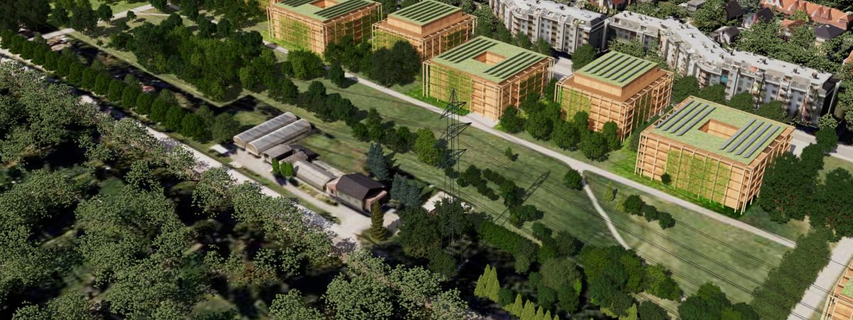 Visualisierung eines großflächigen Grünraums, daneben Wohnbauten
