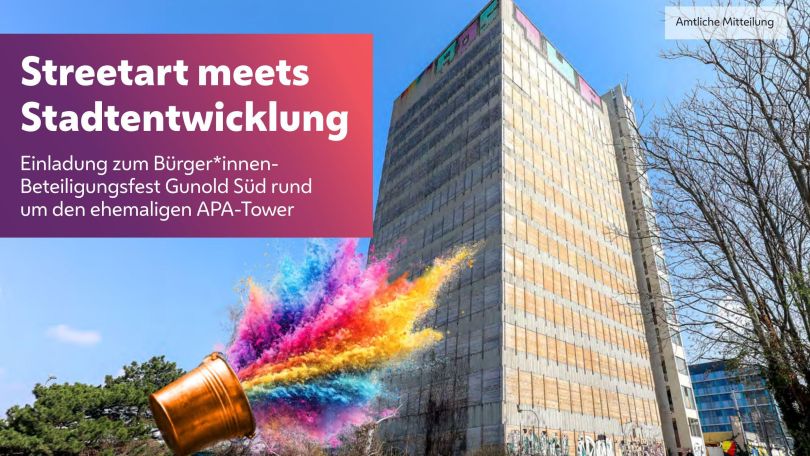 Veranstaltungssujet mit Text "Streetart meets Stadtentwicklung", daneben der APA-Tower, dessen Bemalung mit Farbtopf angedeutet wird.