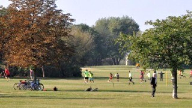 Fußballer und Spaziergänger auf einer Wiese