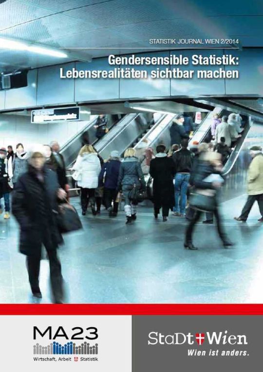 Broschüren-Cover, Menschen auf Rolltreppen in einer U-Bahn Station