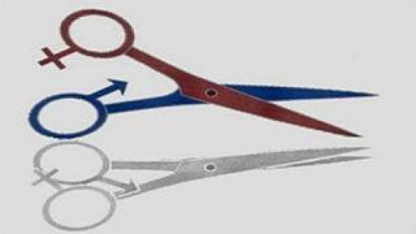 Geöffnete Schere mit Symbolen für weiblich und männlich am Griff