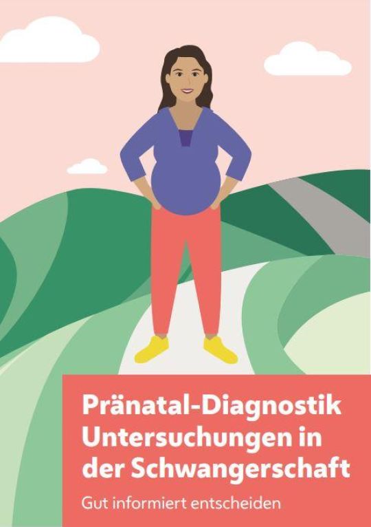 Künstlerische Darstellung einer Schwangeren, die in hügeliger Landschaft vor rosafarbenem Himmel steht. Darunter Schriftzug "Pränatal-Diagnostik Untersuchungen in der Schwangerschaft. Gut informiert entscheiden"