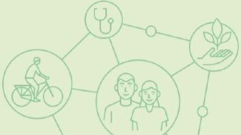 Symbolbild zum Gesundheitsbericht: Zu sehen sind mehrere durch Linien verbundene Bubbles, mit grafischen Darstellungen eines Paares, eines Radfahrenden, eines Stethoskops sowie einer Hand, die eine Pflanze hält