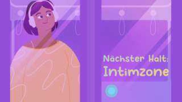 copyright: Wiener Programm für Frauengesundheit/Polarfux OG Eine Jugendliche mit Kopfhörern in einem öffentlichen Verkehrsmittel, Haltegriffe im Hintergrund - Titel "Nächster Halt: Intimzone"