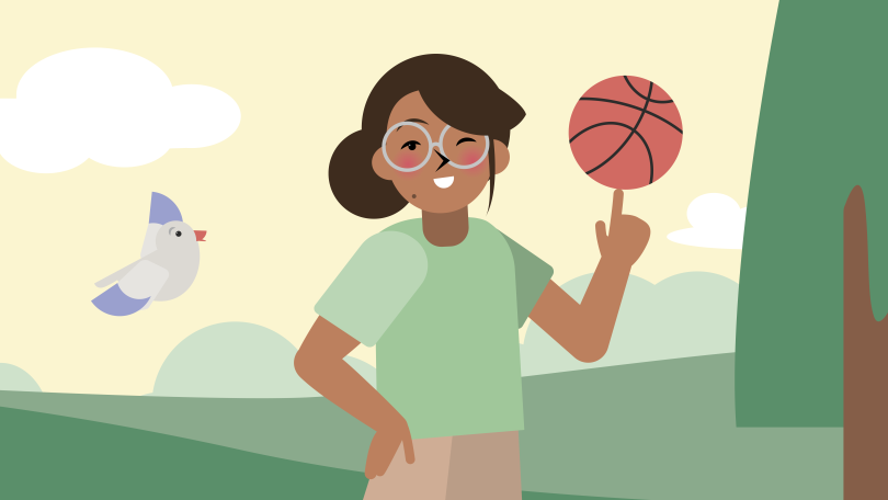 Künstlerische Darstellung eines Mädchens, das einen Basketball auf dem Finger balanciert. Im Hintergrund eine Landschaft