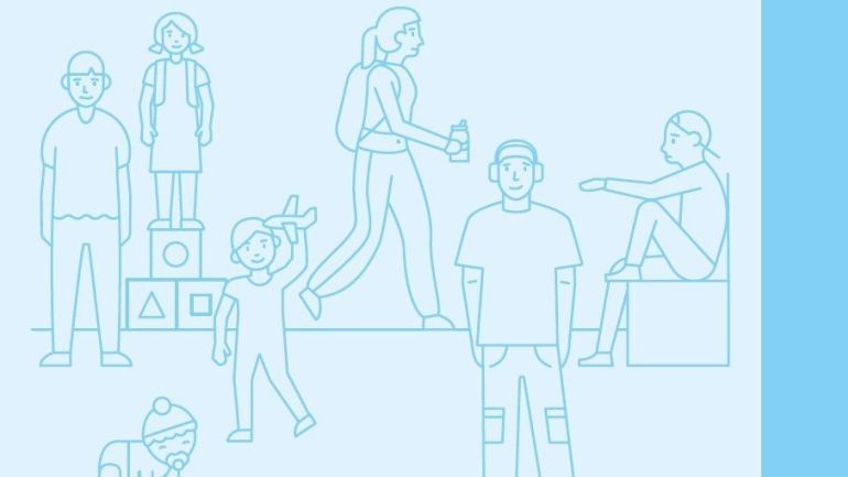 In blau gehaltene Zeichnung mit mehreren Kindern und Jugendlichen