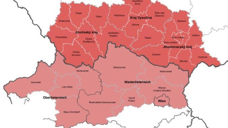 copyright: Gemeinsames Technisches Sekretariat AT-CZ Das Programmgebiet umfasst in Österreich die Gebiete Mostviertel-Eisenwurzen, Sankt Pölten, Waldviertel, Weinviertel, Wiener Umland-Nordteil, Wien, Innviertel, Linz-Wels, Mühlviertel, Steyr-Kirchdorf, und in der Tschechischen Republik die Gebiete Jihomoravsky kraj (Südmähren), Jihocesky kraj (Südböhmen), Kraj Vysocina