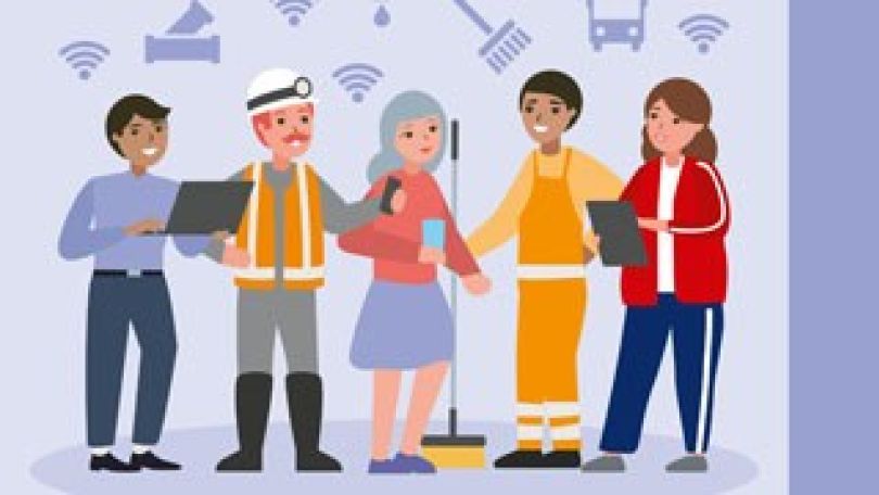 Illustration von verschiedenartigen Menschen und Symbole zu Digitalisierung