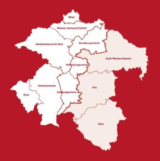 copyright: Gemeinsames Technisches Sekretariat AT-HU Das Programmgebiet umfasst in Österreich die Gebiete Nord-, Mittel- und Südburgenland, Wien, Wiener Umland - Südteil, Niederösterreich Süd, Graz und die Oststeiermark sowie in Ungarn Komitate Györ-Moson-Sopron, Vas und Zala