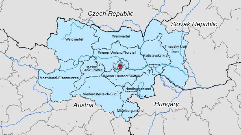 copyright: Gemeinsames Technisches Sekretariat SK-AT Das Programmgebiet umfasst in Österreich die Gebiete Nord- und Mittelburgenland, Wien und Niederösterreich sowie in der Slowakei die Landkreise Bratislava und Trnava