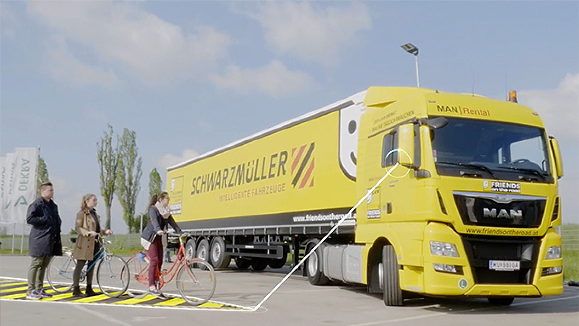 Darstellung des Toten Winkels zwischen einem Lastkraftwagen und RadfahrerInnen