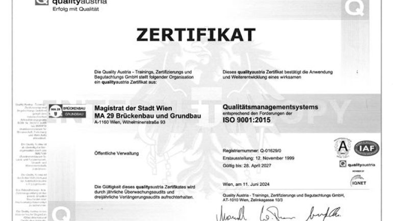 Zertifikat Qualitätsmanagement für die Abteilung Brückenbau und Grundbau