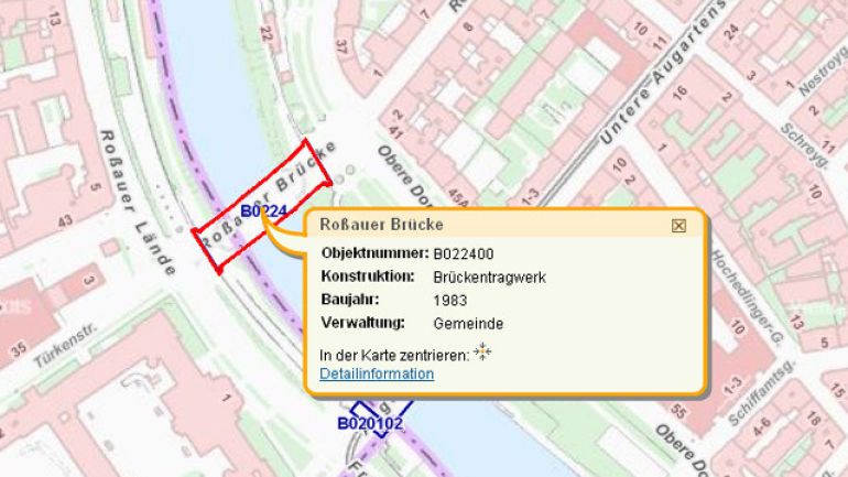 Stadtplanausschnitt der Brückeninformation Wien mit blau gekennzeichneten Brücken