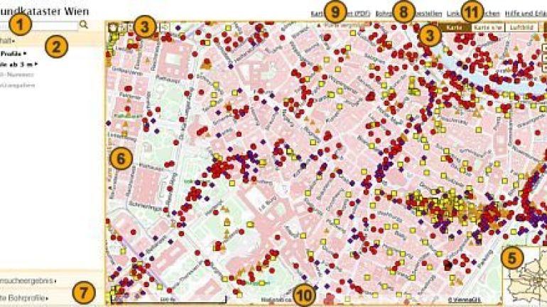 Einstiegseite des Grundbaukartasters Wien mit Nummerierung der Funktionen