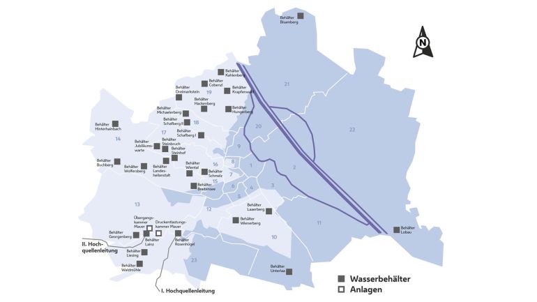 Plandarstellung der Wiener Wasserversorgung in den Bezirken