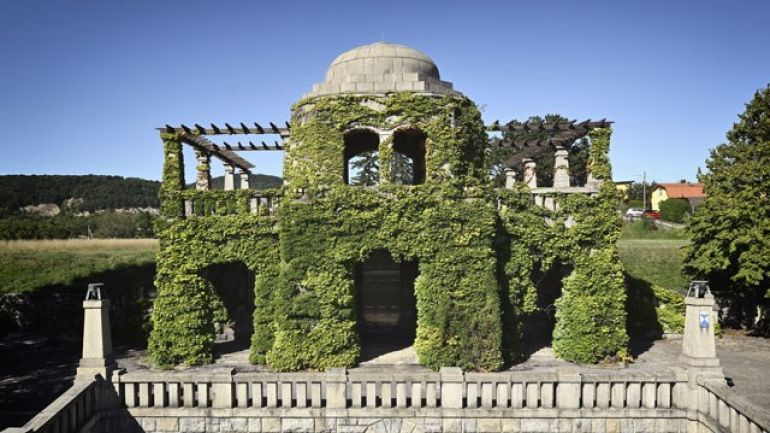 Mit Kletterpflanzen bewachsenes Steingebäude.