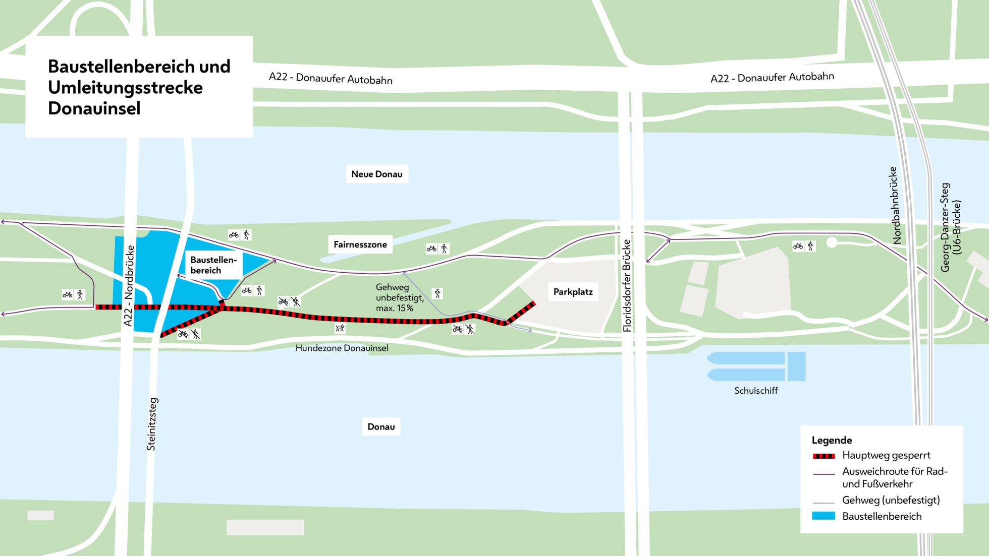 Karte der Donauinsel mit blau markiertem Baustellenbereich bei der Nordbrücke und gesperrtem Hauptweg (rot-schwarz markiert). Die Umleitungsstrecke für Rad- und Fußverkehr ist lila eingezeichnet und führt teils über einen unbefestigten Gehweg.