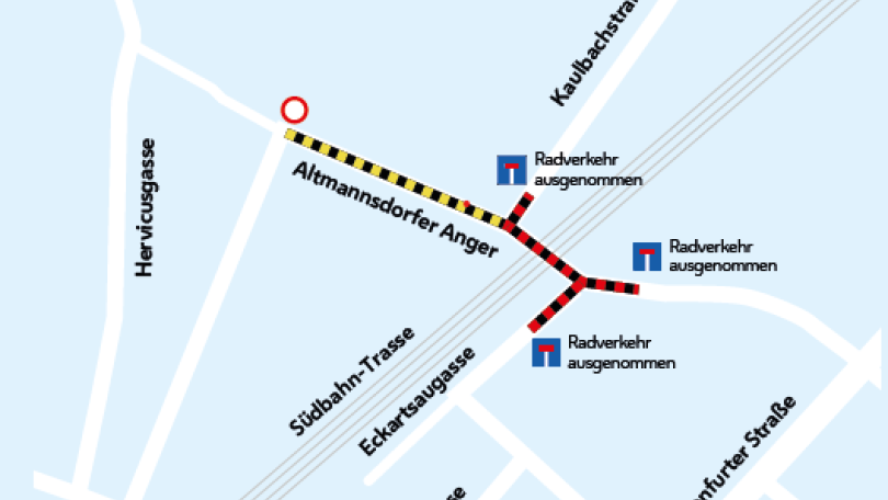 Auf dem Plan sind der Baustellenbereich, die Lagerflächen und die Straßen Fahrverbot und Sackgassen eingezeichnet.