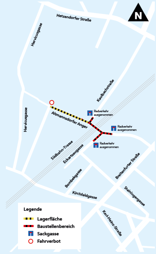 copyright: Wiener Wasser Auf dem Plan sind der Baustellenbereich, die Lagerflächen und die Straßen Fahrverbot und Sackgassen eingezeichnet.