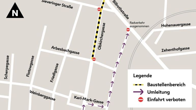 copyright: Wiener Wasser Ausschnitt aus dem Stadtplan mit eingezeichnetem Baustellenbereich.