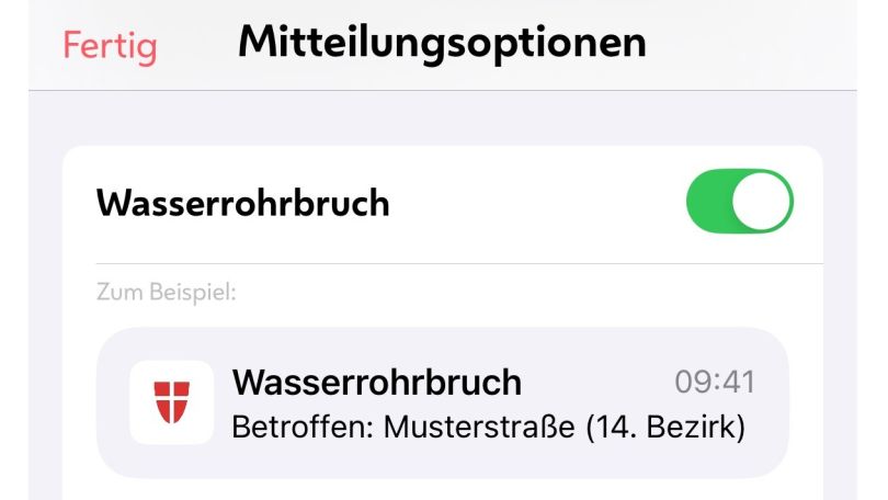 Screenshot der Einstellung von Mitteilungsoptionen in der Stadt Wien App.