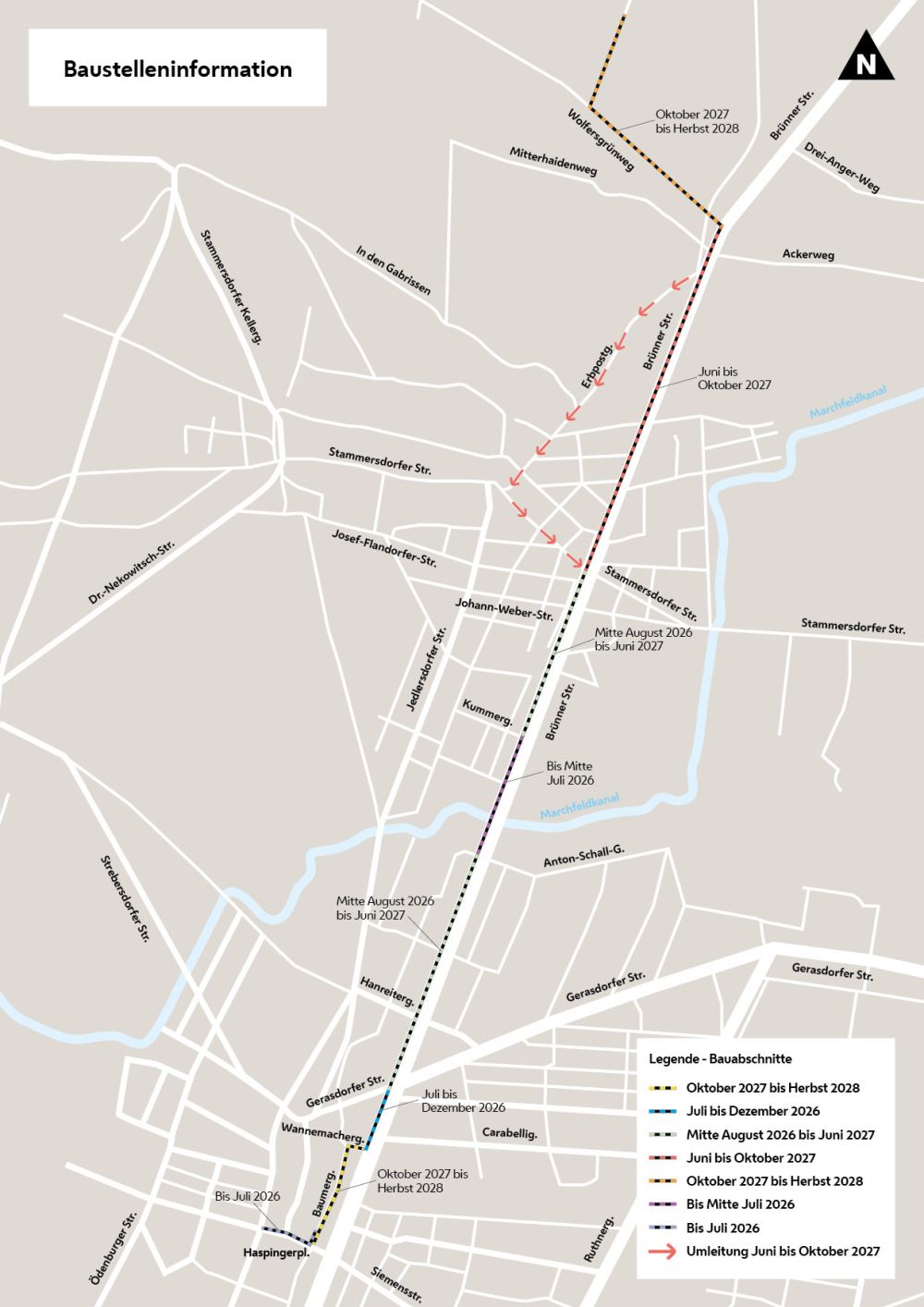 Auf dem Plan sind der Baustellenbereich, die Baustellenabschnitte und Umleitungen.