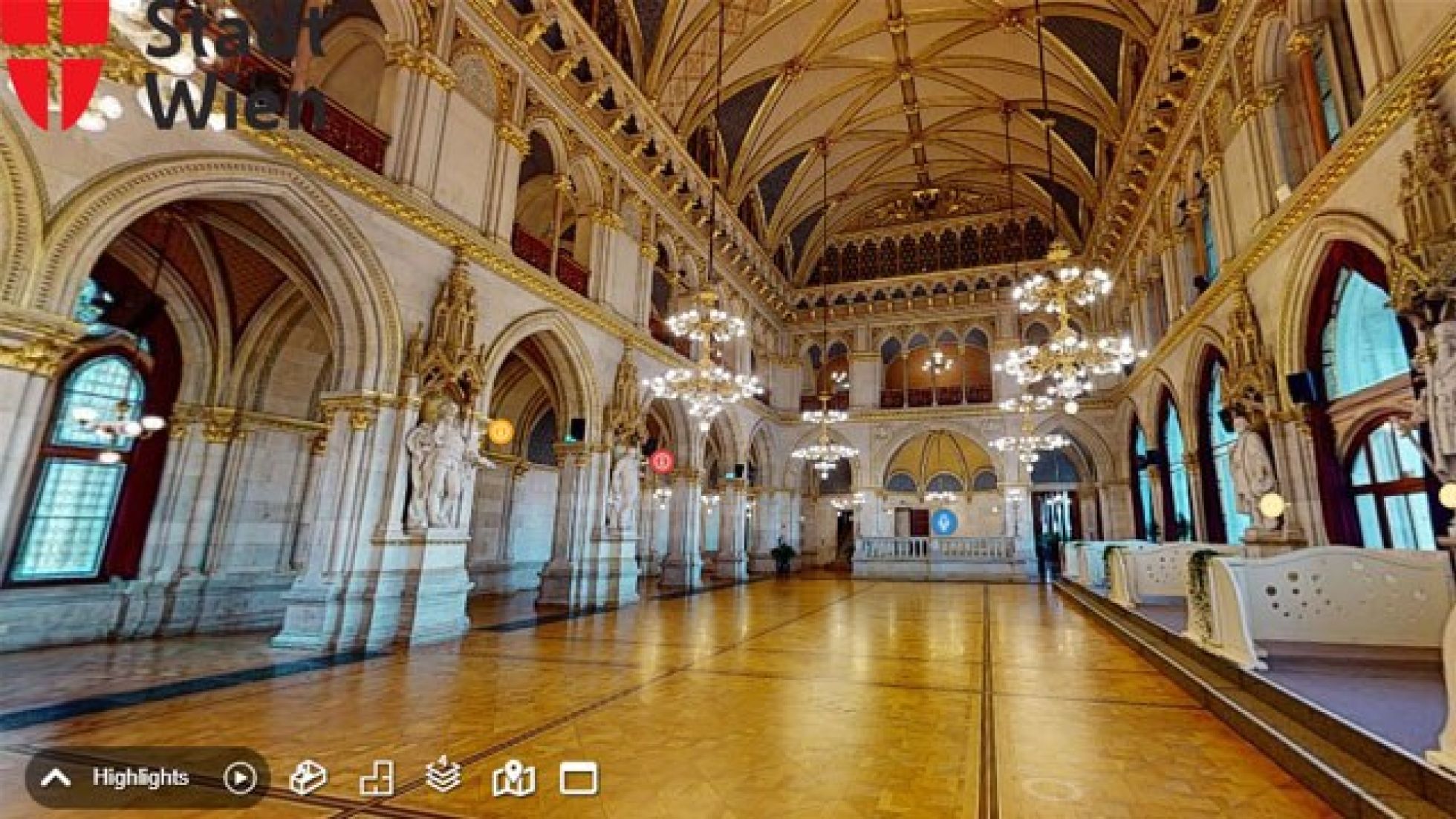 copyright: Virtual Real Estate Knapp GmbH - www.virtual-tour.at Screenshot des historischen Festsaals im Wiener Rathaus mit bunten Symbolen in der Mitte und einer Navigationsleiste unten