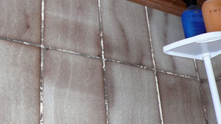 Deckenbereich einer gefliesten Badezimmerecke mit Schimmelpilzbildung im Fugenbereich