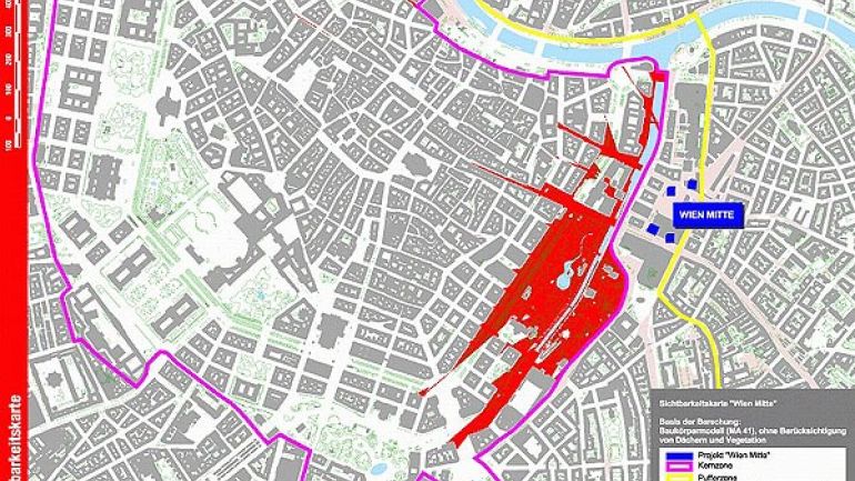 Sichtbarkeitskarte für ein Hochhausprojekt im Bereich Wien-Mitte - Stand 2004