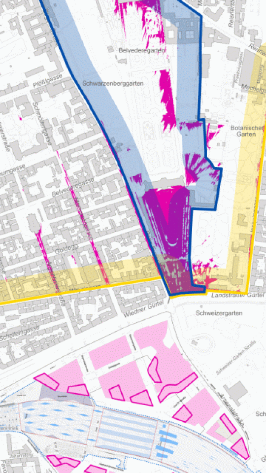 Detailausschnitt einer Sichtbarkeitskarte mit pink eingefärbten Flächen im Bereich Oberes Belvedere.