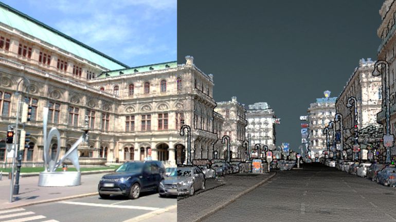 Gegenüberstellung von Fotos der Umgebung der Wiener Oper ohne und mit Einbezug von Befahrungsdaten