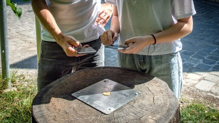 2 Menschen halten ihre Smartphones über eine Baumscheibe mit Informationstafel