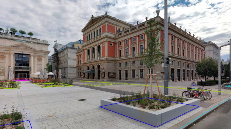 Panoramabild eines öffentlichen Platzes in Wien mit überblendeten 3D-Vermessungsdaten