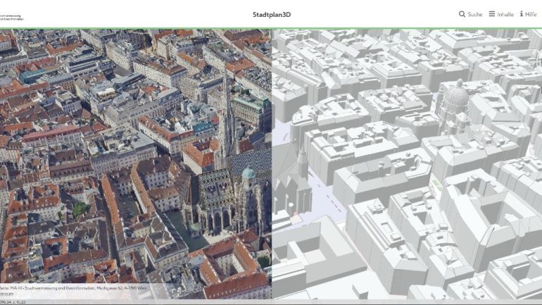 copyright: Stadt Wien | MA 41 – Stadtvermessung Zweigeteilter Planauschnitt: links Schrägluftbild Stephansplatz, rechts Gebäudemodell