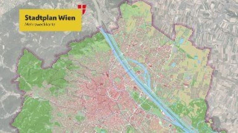copyright: Stadtvermessung Wien Wienübersicht mit rot eingefärbten Gebäuden