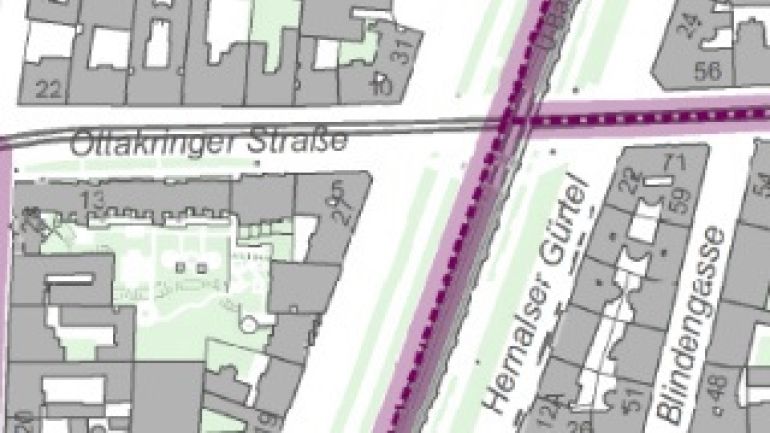 Kartenausschnitt eines Bezirksplans mit der Flächen-Mehrzweckkarte als Grundlage