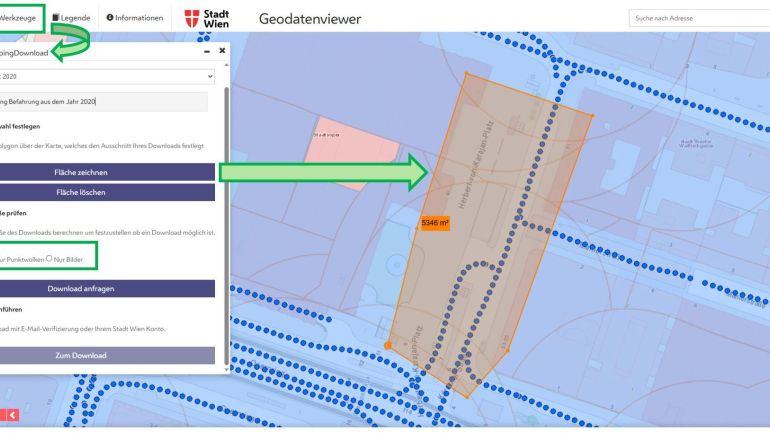 Benutzeroberfläche des Geodatenviewers mit geöffnetem Download-Fenster