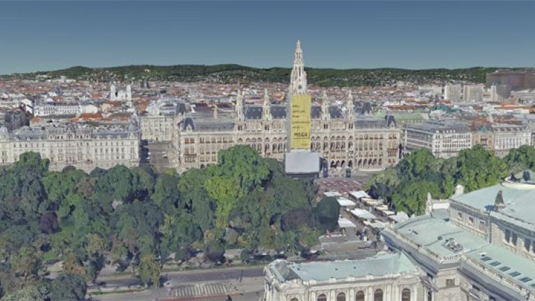 Planausschnitt: Frontale Aufnahme des Rathauses in 3D-Vermaschung