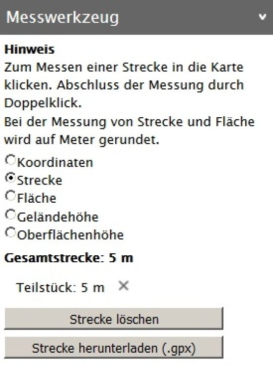 Kartenausschnitt zum Ergebnis der Messfunktion