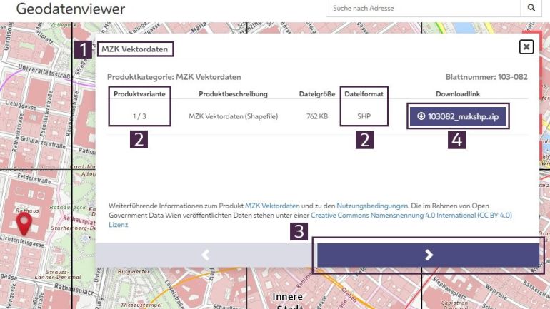 Screenshot Geodatenviewer mit geöffnetem Download-Fenster