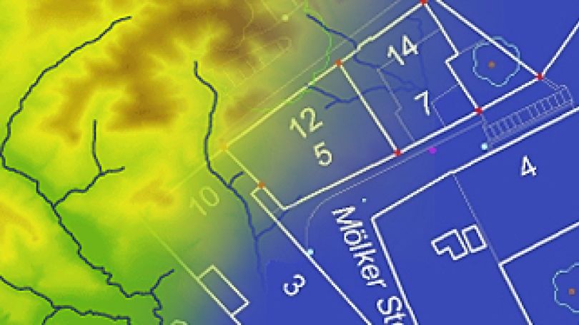 Fotomontage der Mehrzweckkarte und eines Geländemodells