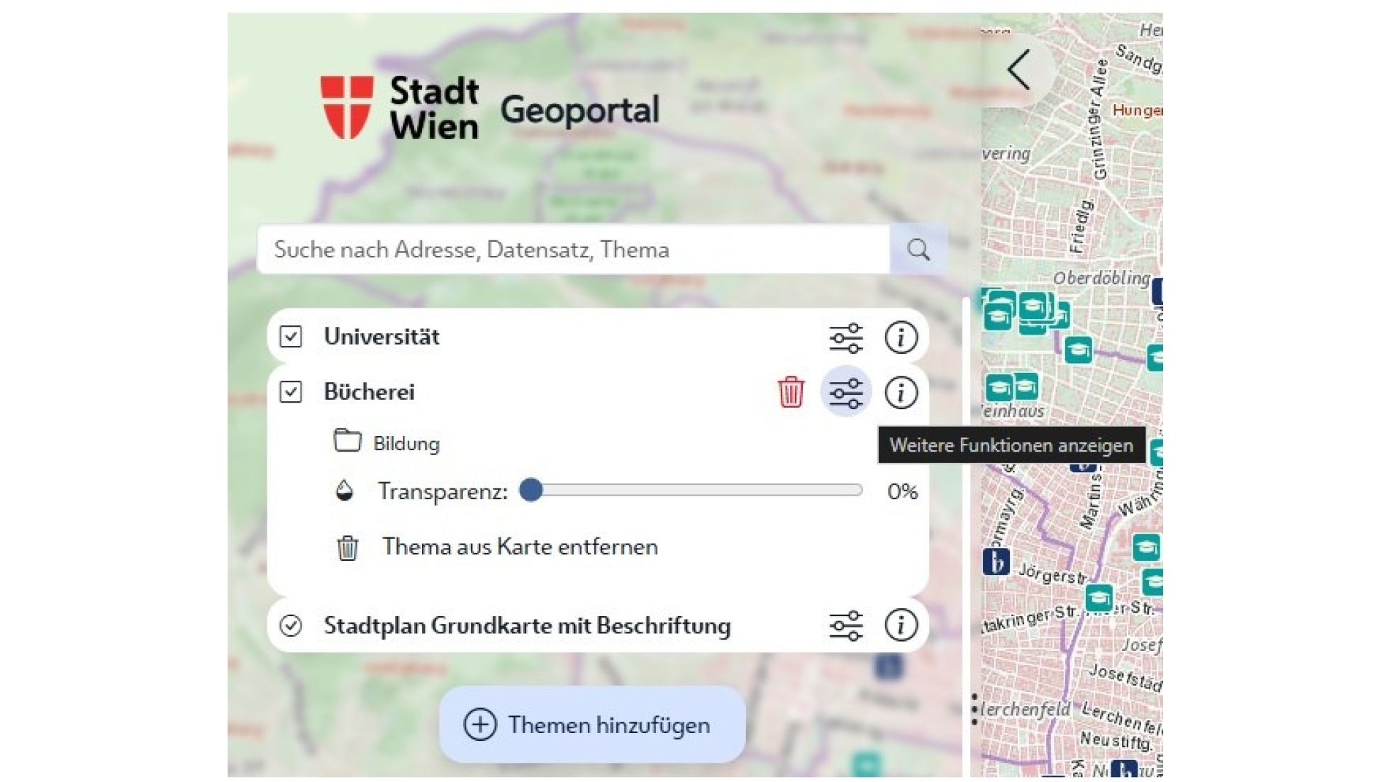 Suchfeld und Layer-Auswahl mit Transparenz-Regler im Geoportal