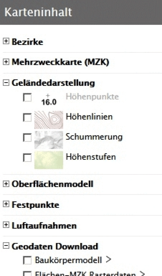 Auswahlmöglichkeit für den Karteninhalt